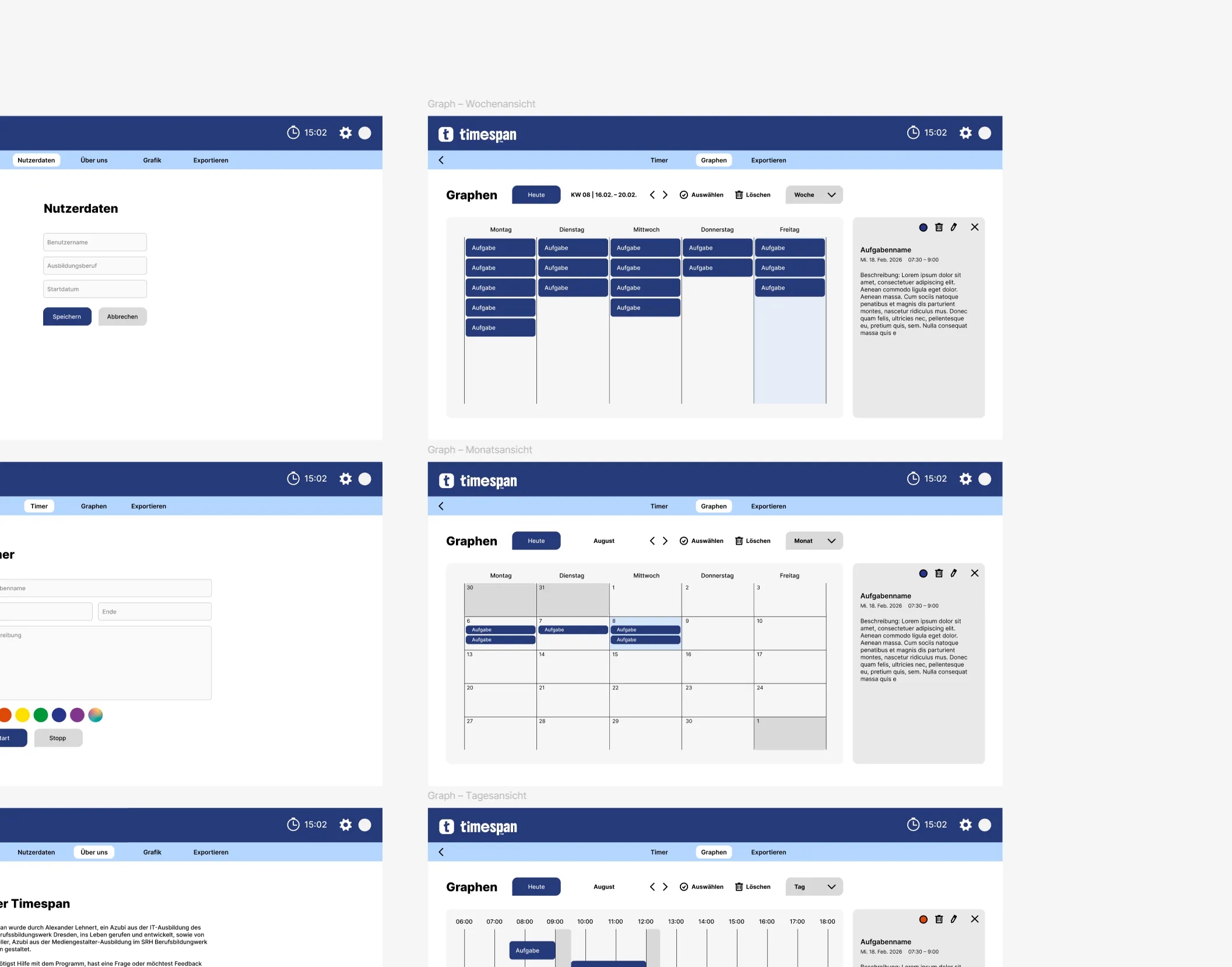 Figma UI/UX Artboards und Interface-Systematik der Timespan Software