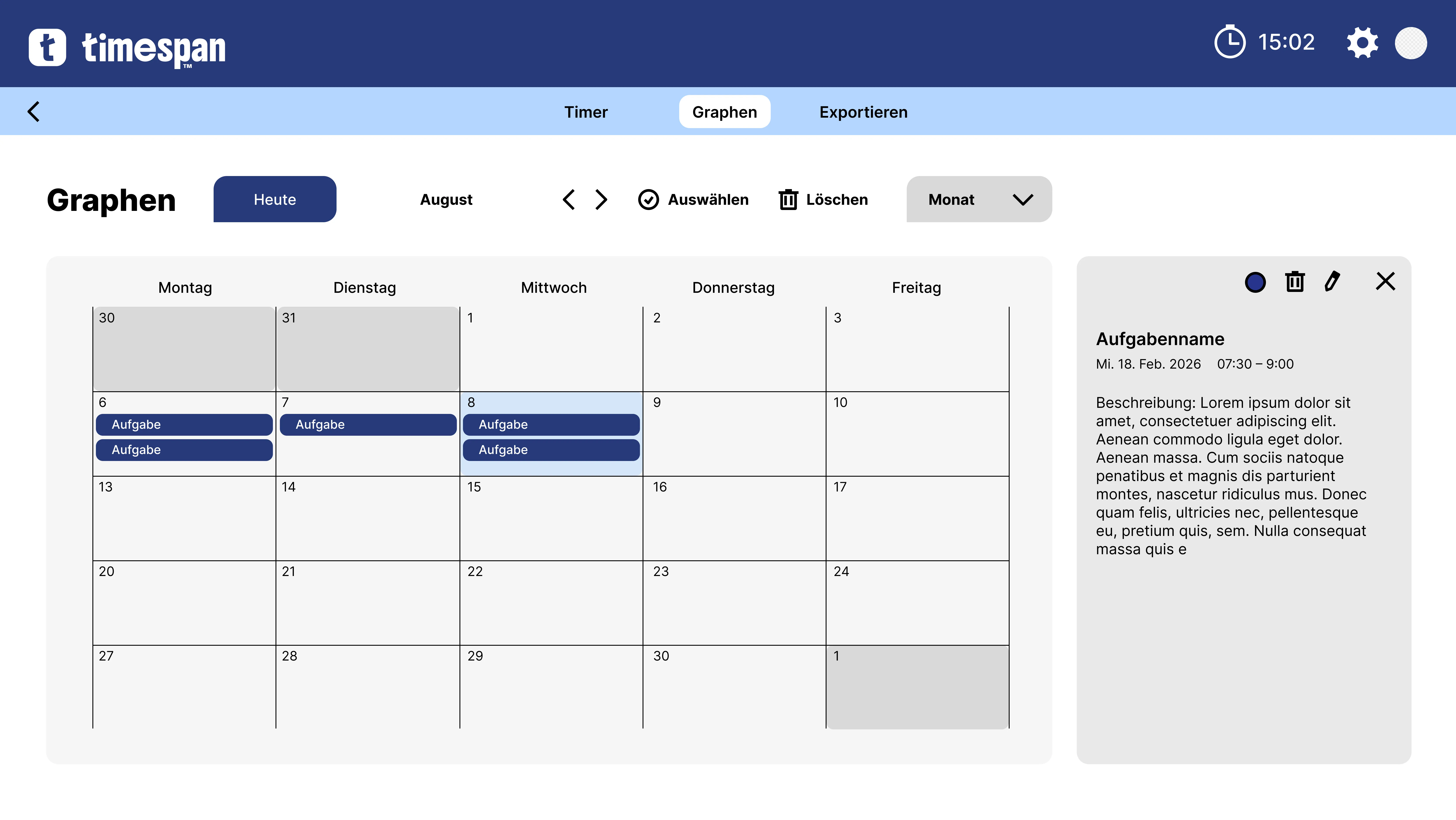 Monatsansicht der Timespan Anwendung im Kalender-Layout